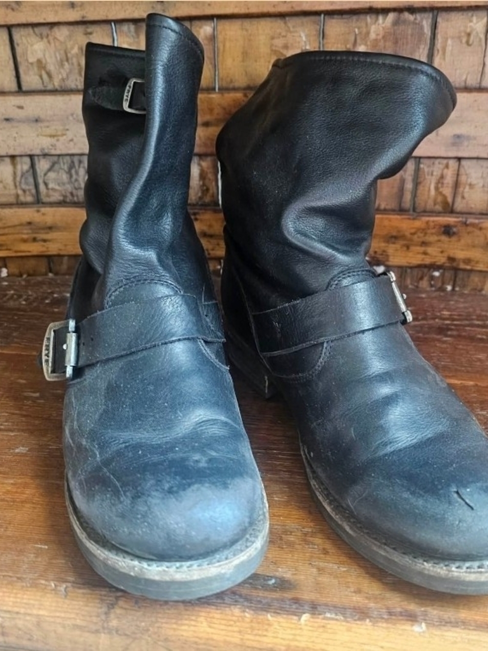 Frye Black Leather Engineer Harness Boots